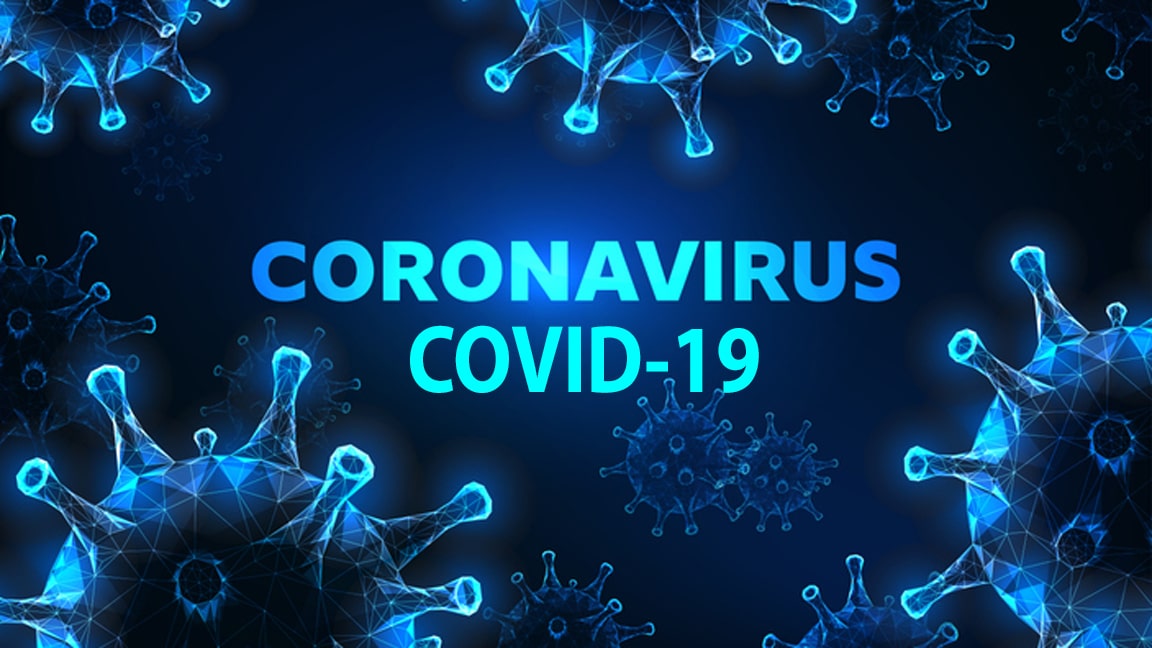 Futuristic glowing low polygonal coronavirus cells banner on dark blue background.