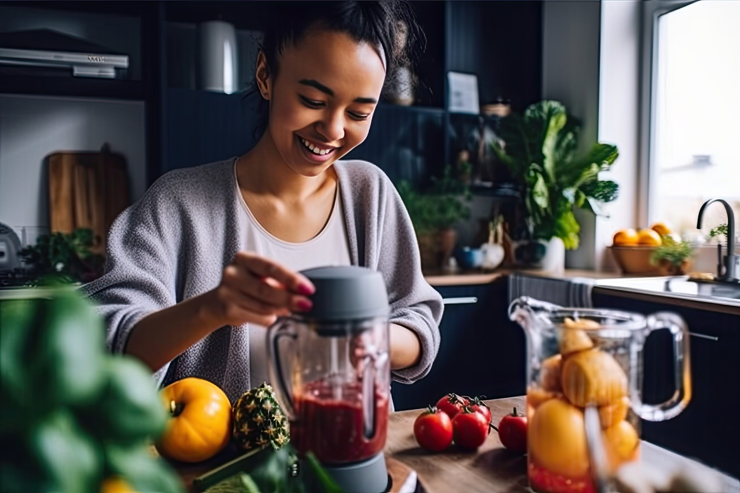Mixed ethnicity young woman preparing a healthy smoothie at home